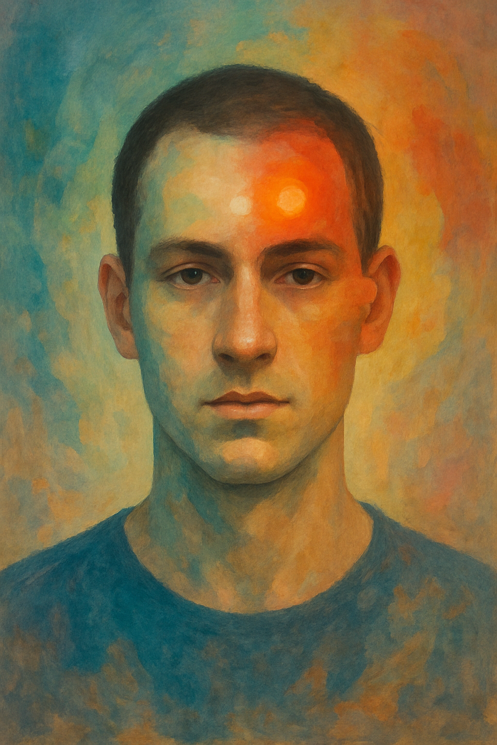 Frontal portrait of a man with the brightest glow off to one side showing handedness bias