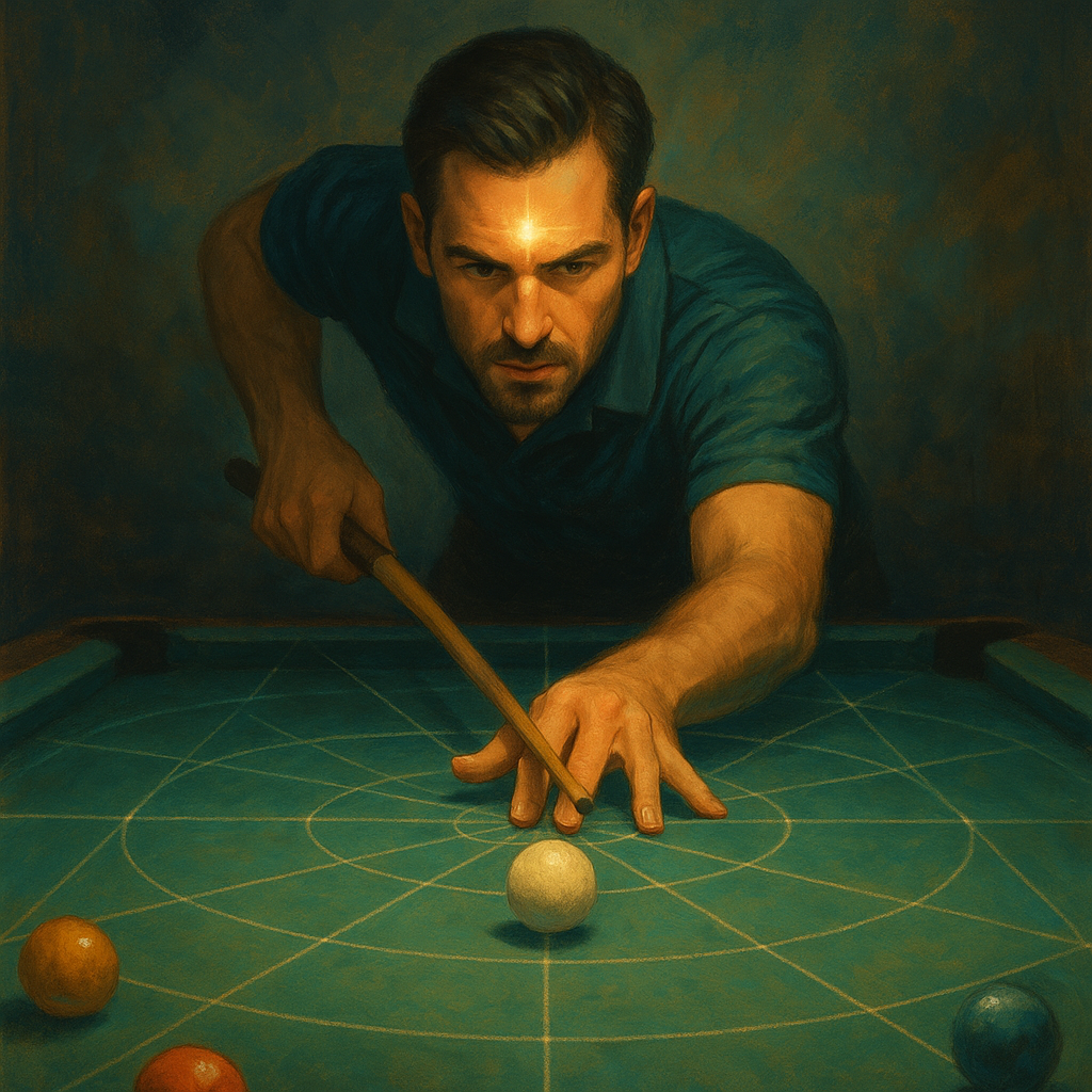 Overhead view of a calm forward lean over the table, faint geometry lines and a centered glow
